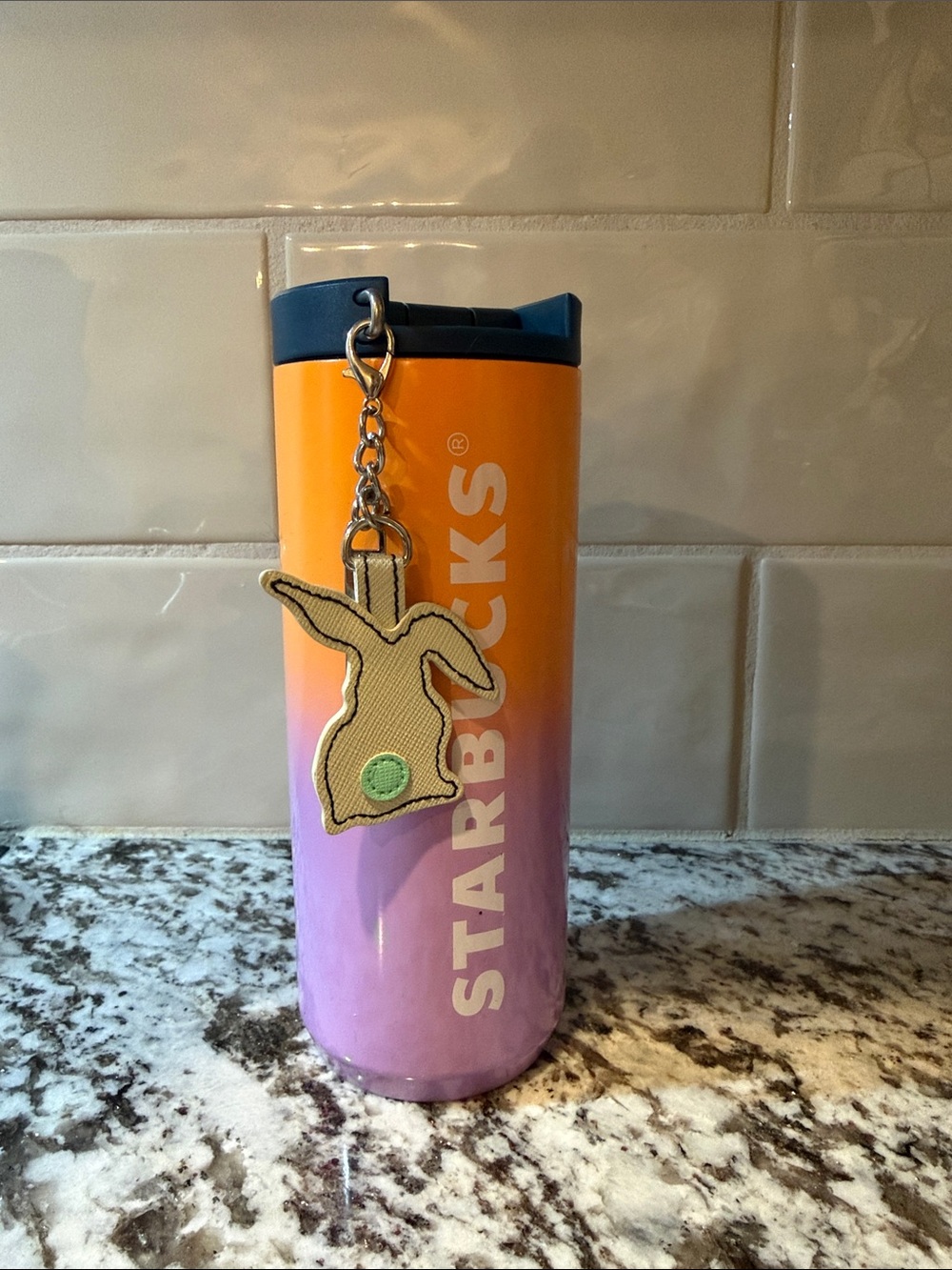 Starbucks Orange to Purple Ombre Tumbler with Navy Lid and Bunny Keychain